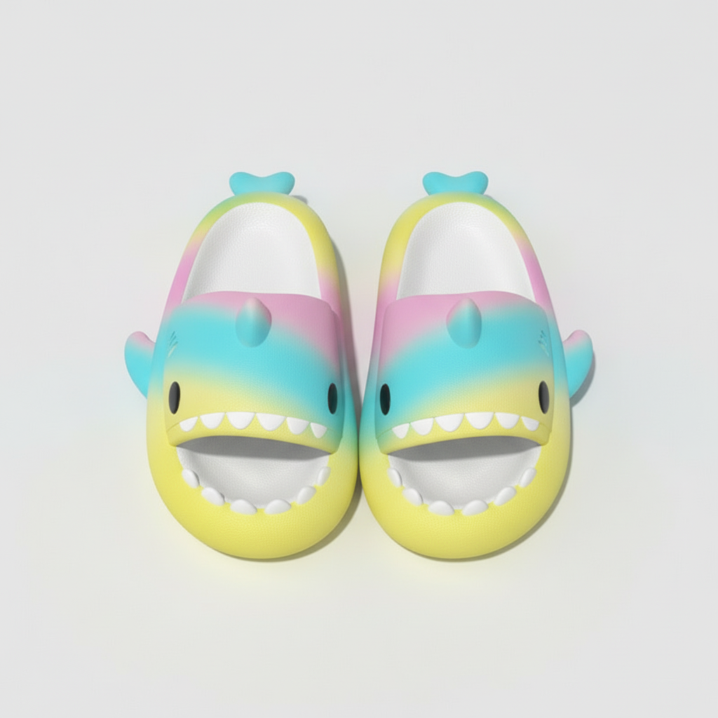 Rainbow Shark Cartoon Slippers – Soft EVA Anti-Slip Home Slides