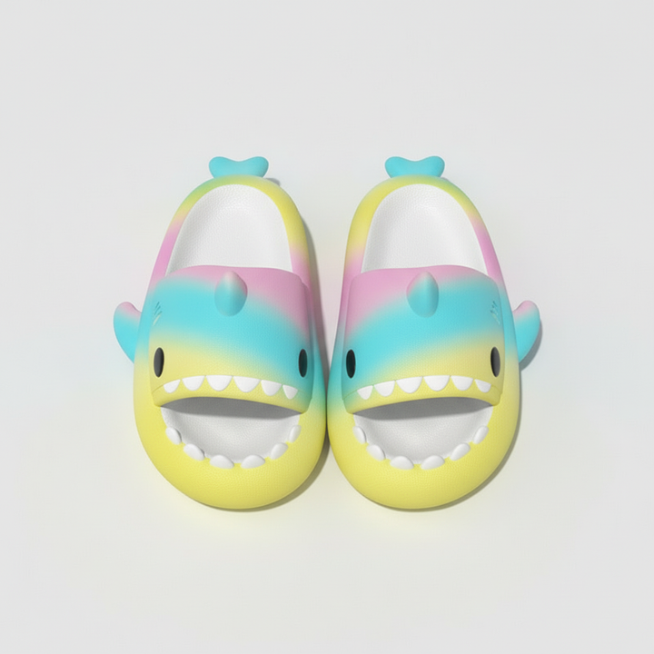 Rainbow Shark Cartoon Slippers – Soft EVA Anti-Slip Home Slides