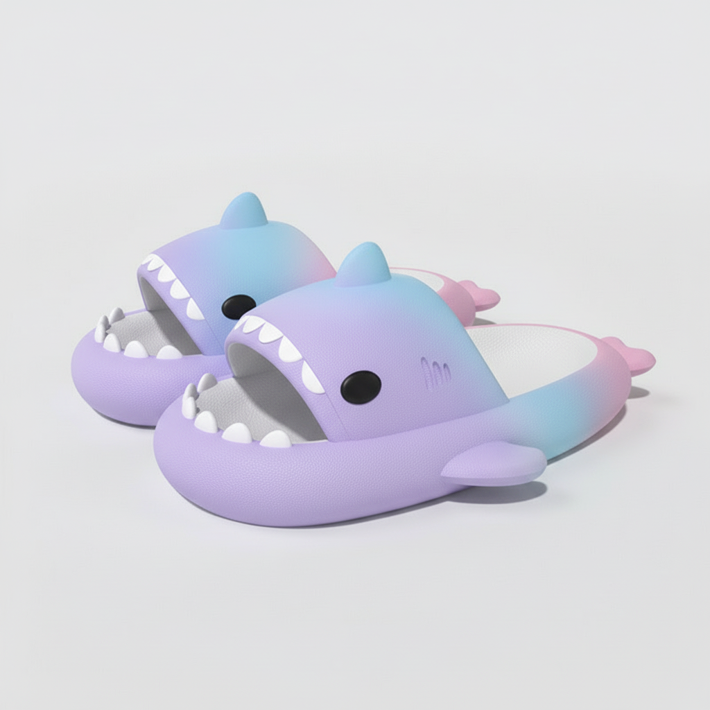 Rainbow Shark Cartoon Slippers – Soft EVA Anti-Slip Home Slides