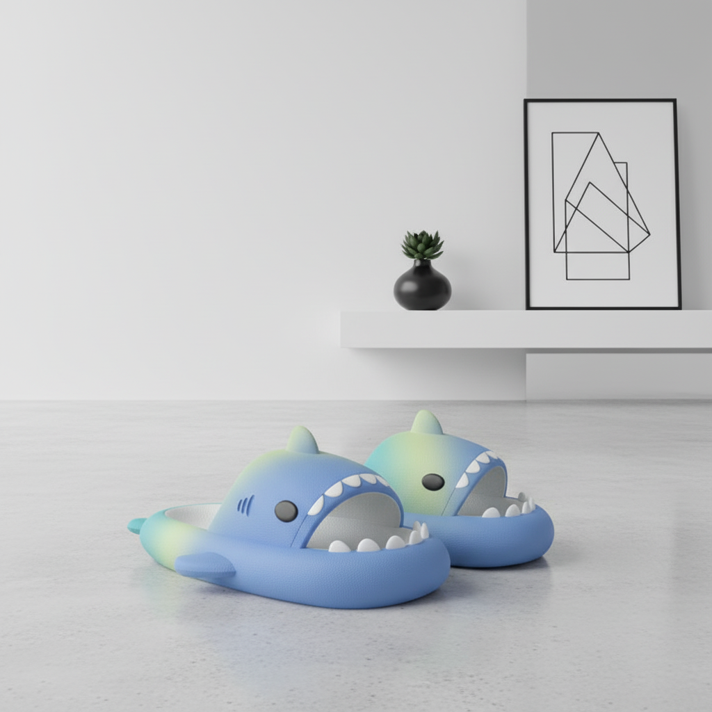 Rainbow Shark Cartoon Slippers – Soft EVA Anti-Slip Home Slides