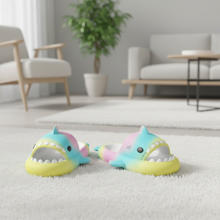 Rainbow Shark Cartoon Slippers – Soft EVA Anti-Slip Home Slides