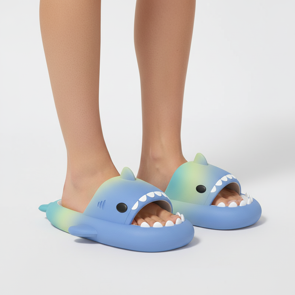 Rainbow Shark Cartoon Slippers – Soft EVA Anti-Slip Home Slides