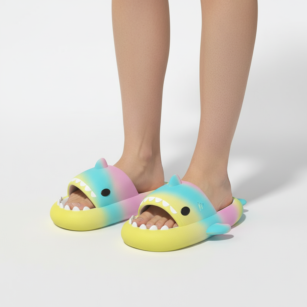 Rainbow Shark Cartoon Slippers – Soft EVA Anti-Slip Home Slides
