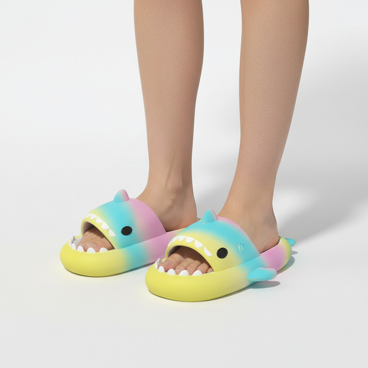 Rainbow Shark Cartoon Slippers – Soft EVA Anti-Slip Home Slides
