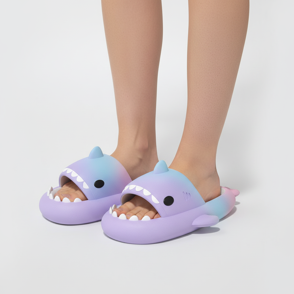 Rainbow Shark Cartoon Slippers – Soft EVA Anti-Slip Home Slides