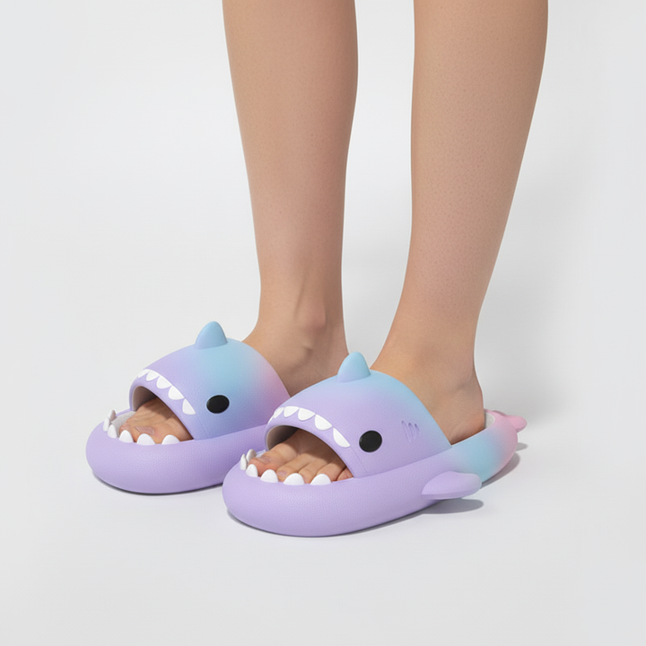 Rainbow Shark Cartoon Slippers – Soft EVA Anti-Slip Home Slides