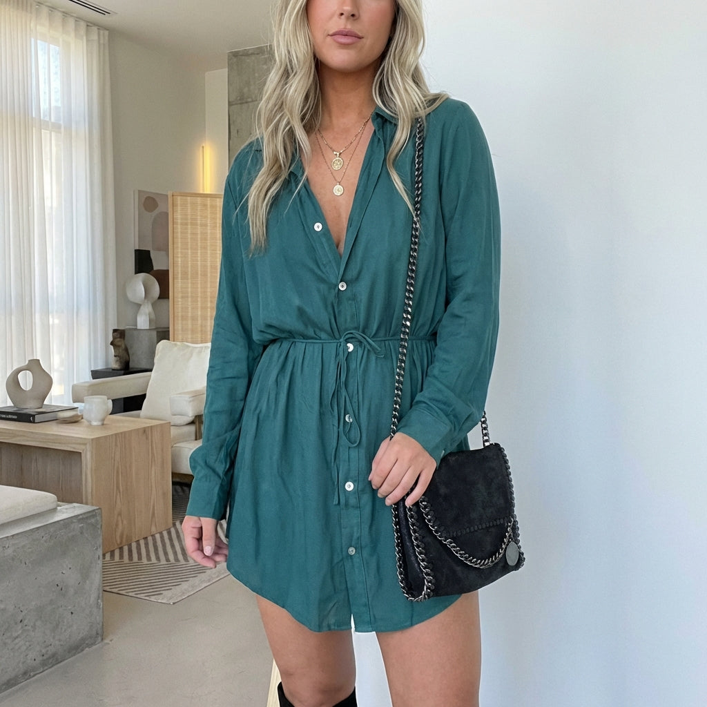 Women's Long Sleeve Jumpsuit With Button Fashion Shirt Dress