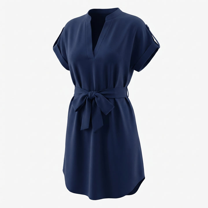 V-Neck Short Sleeve Belted Summer Dress