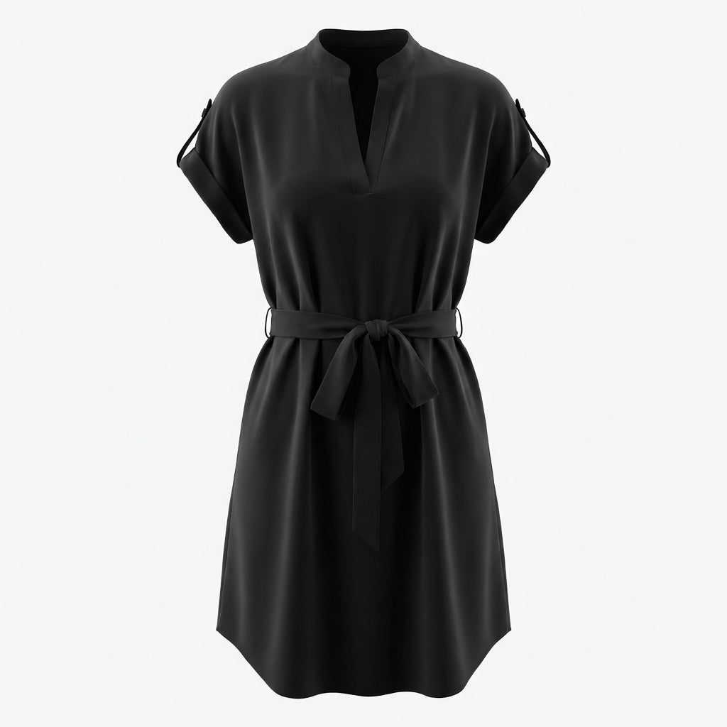 V-Neck Short Sleeve Belted Summer Dress