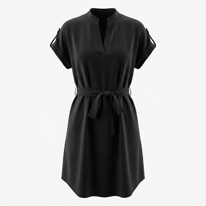 V-Neck Short Sleeve Belted Summer Dress