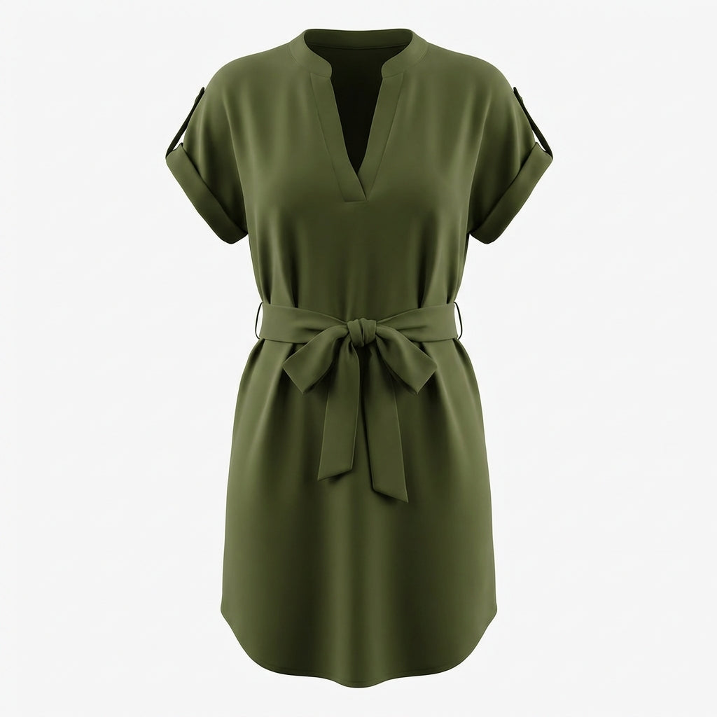 V-Neck Short Sleeve Belted Summer Dress