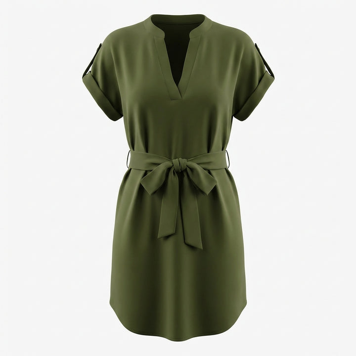 V-Neck Short Sleeve Belted Summer Dress