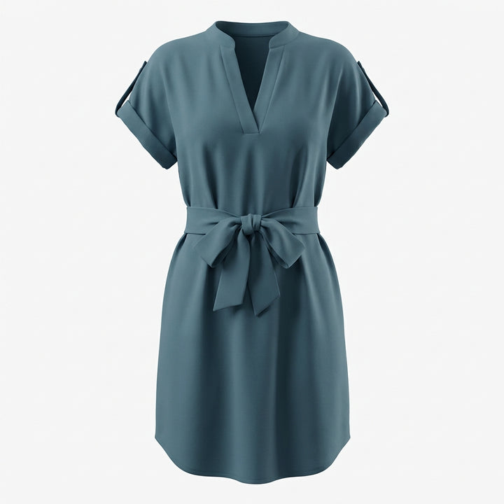 V-Neck Short Sleeve Belted Summer Dress