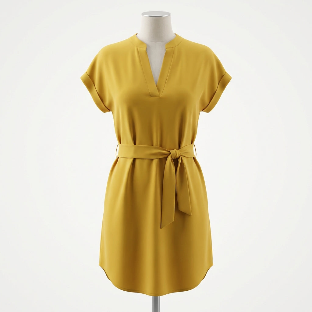 V-Neck Short Sleeve Belted Summer Dress