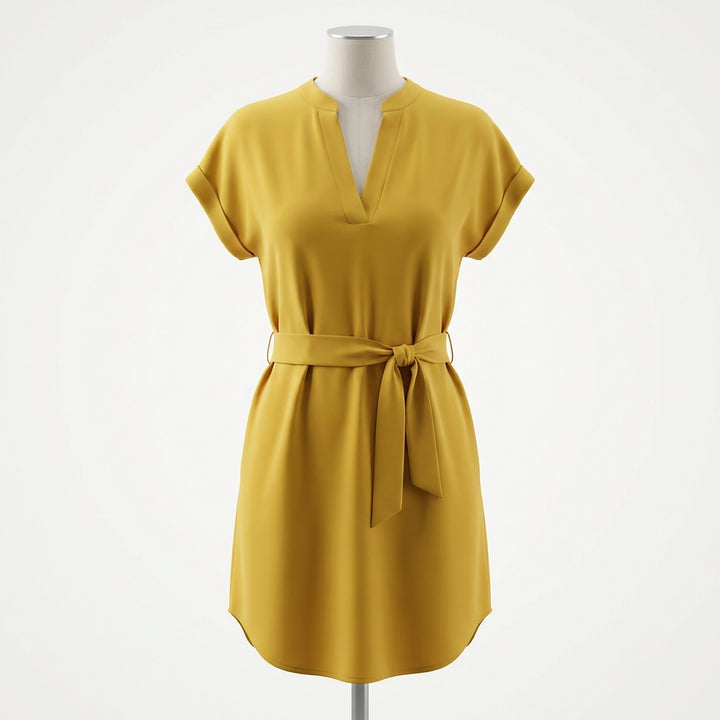 V-Neck Short Sleeve Belted Summer Dress