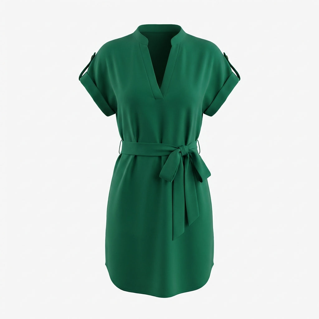 V-Neck Short Sleeve Belted Summer Dress