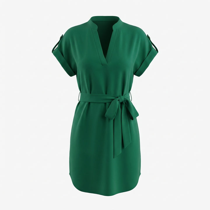 V-Neck Short Sleeve Belted Summer Dress