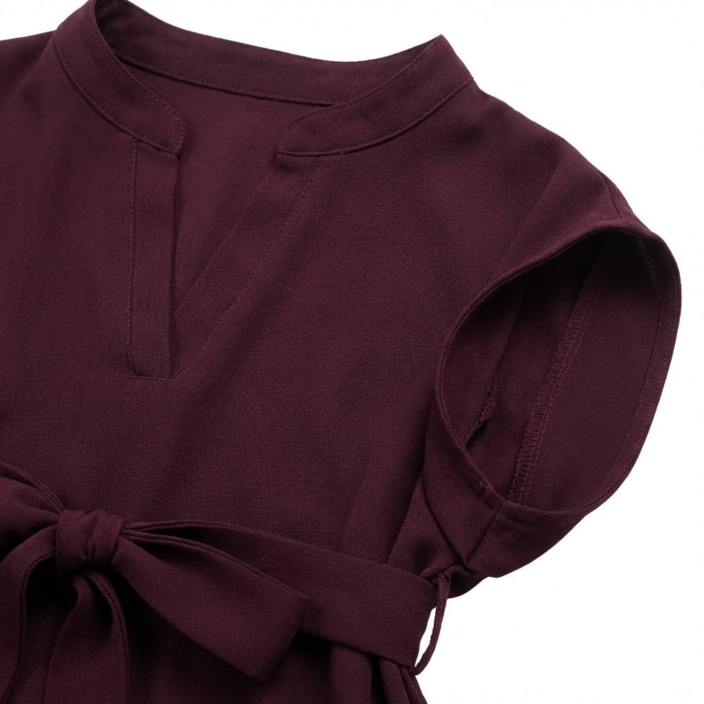 V-Neck Short Sleeve Belted Summer Dress