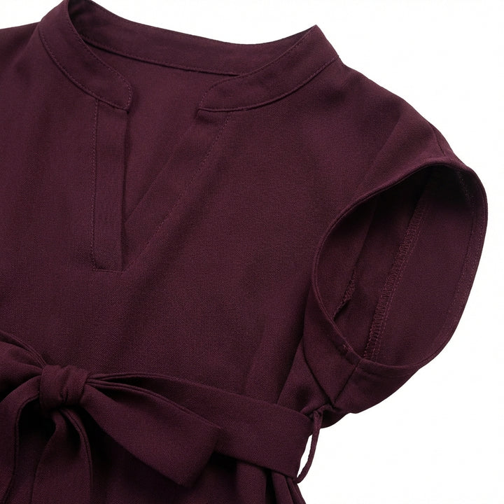 V-Neck Short Sleeve Belted Summer Dress