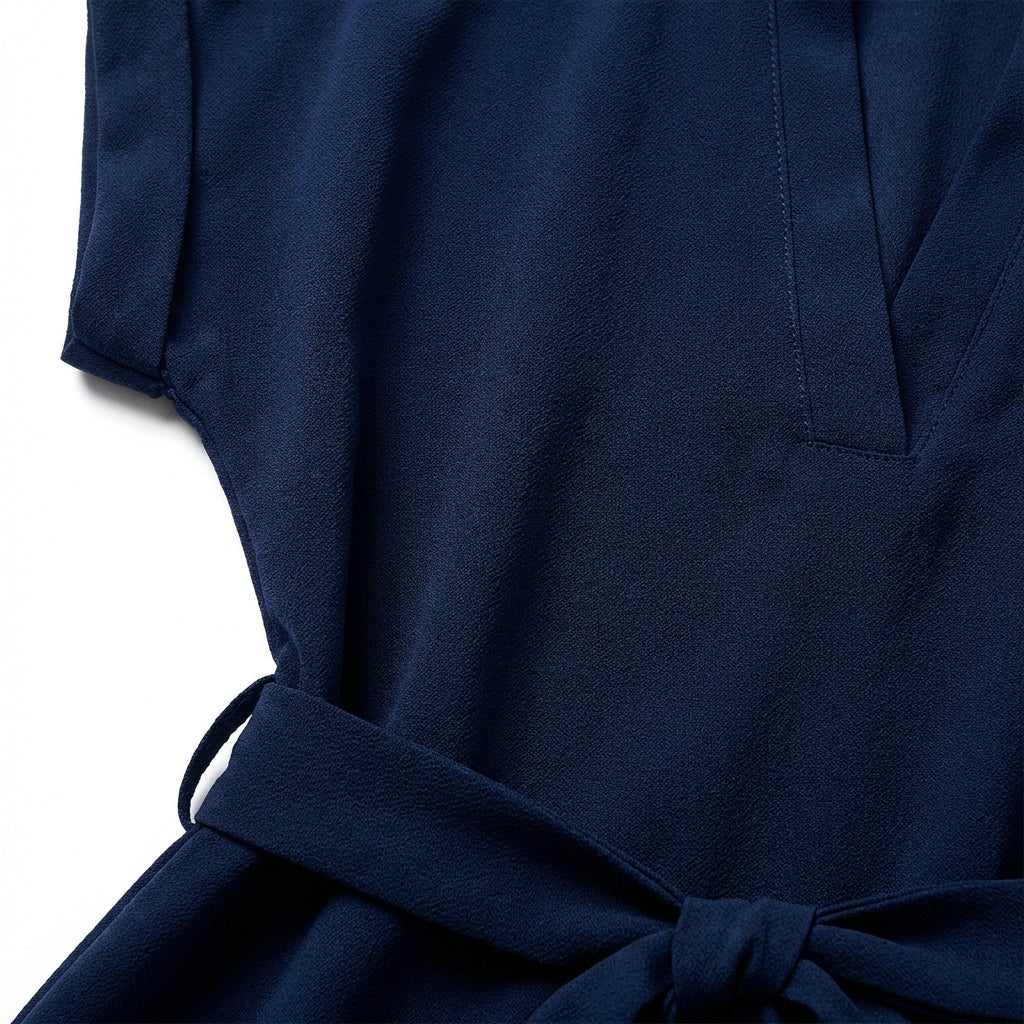 V-Neck Short Sleeve Belted Summer Dress