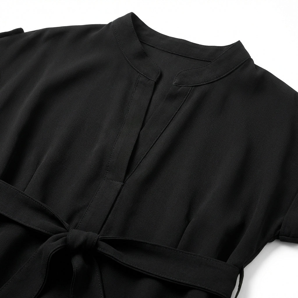 V-Neck Short Sleeve Belted Summer Dress