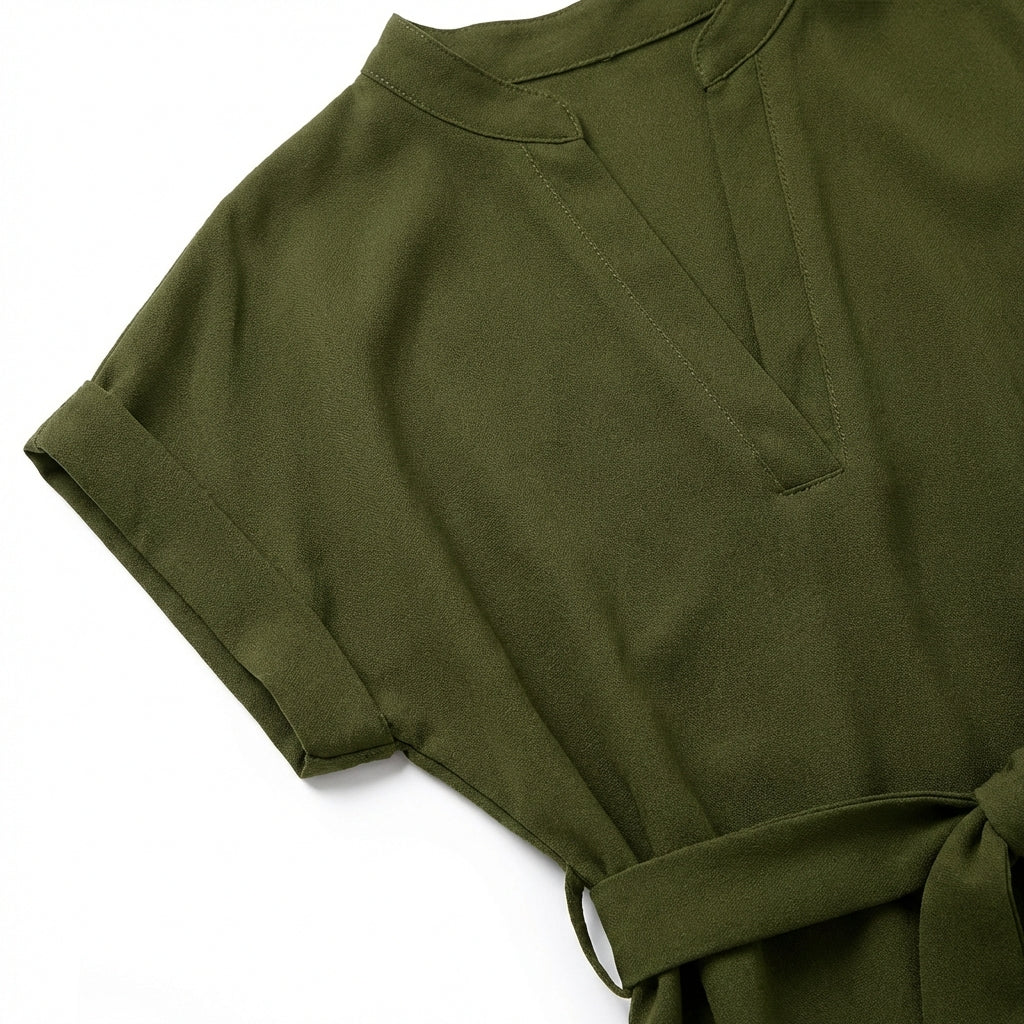 V-Neck Short Sleeve Belted Summer Dress