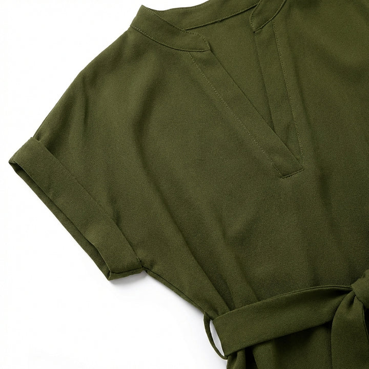 V-Neck Short Sleeve Belted Summer Dress