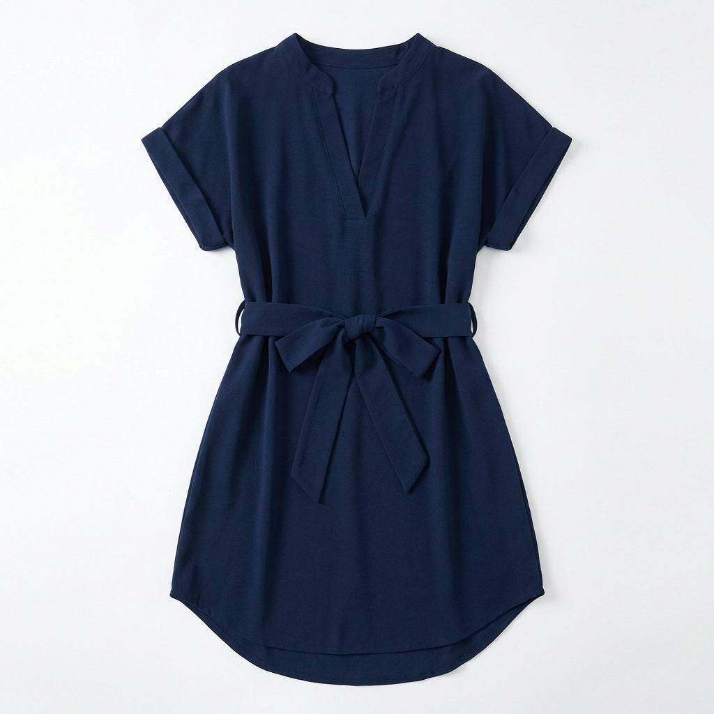 V-Neck Short Sleeve Belted Summer Dress