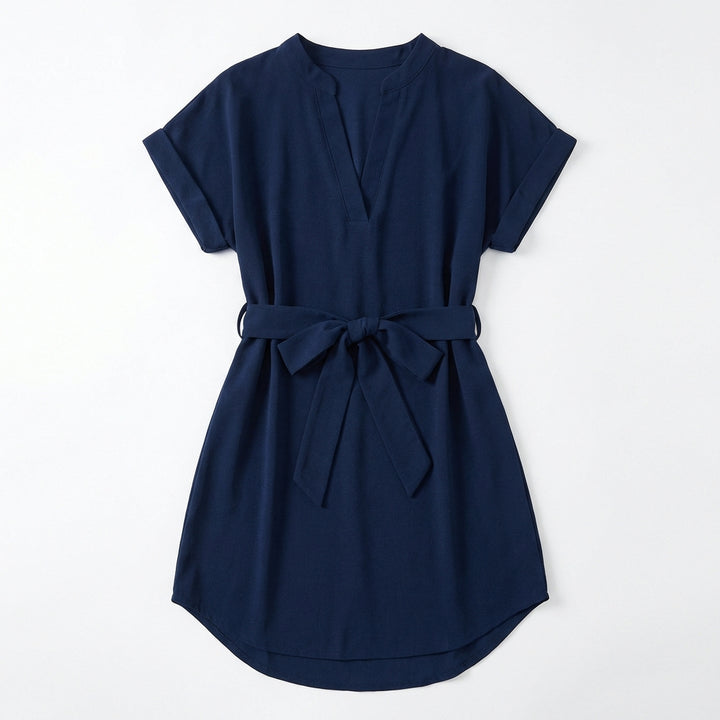 V-Neck Short Sleeve Belted Summer Dress