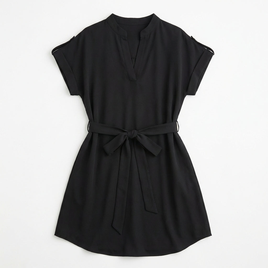 V-Neck Short Sleeve Belted Summer Dress