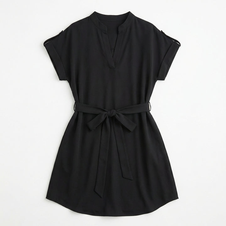 V-Neck Short Sleeve Belted Summer Dress