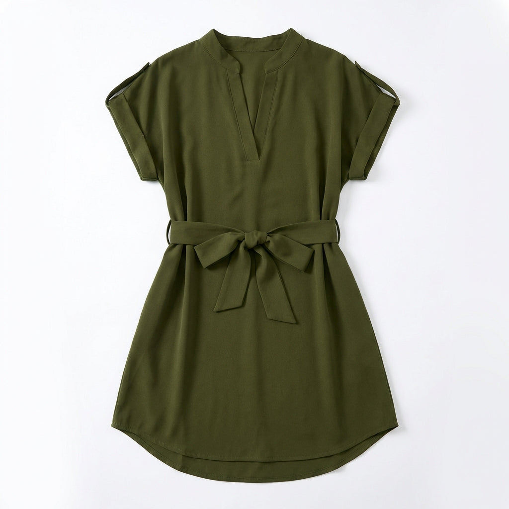 V-Neck Short Sleeve Belted Summer Dress