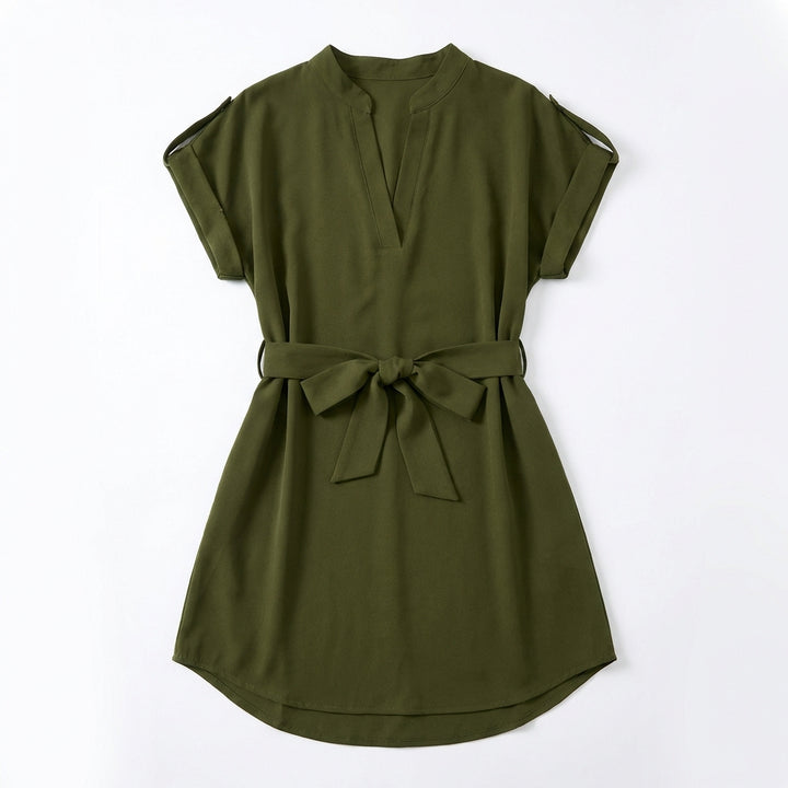 V-Neck Short Sleeve Belted Summer Dress