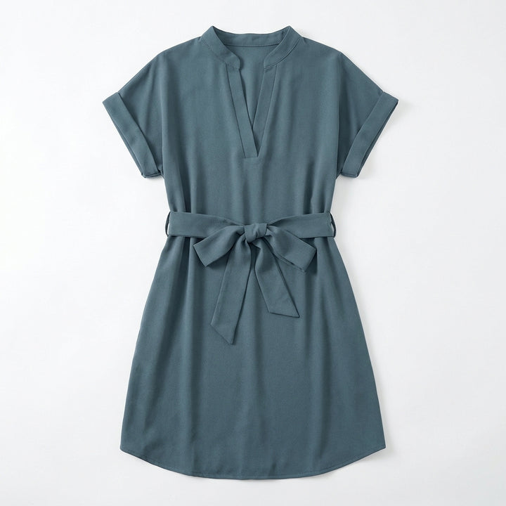 V-Neck Short Sleeve Belted Summer Dress