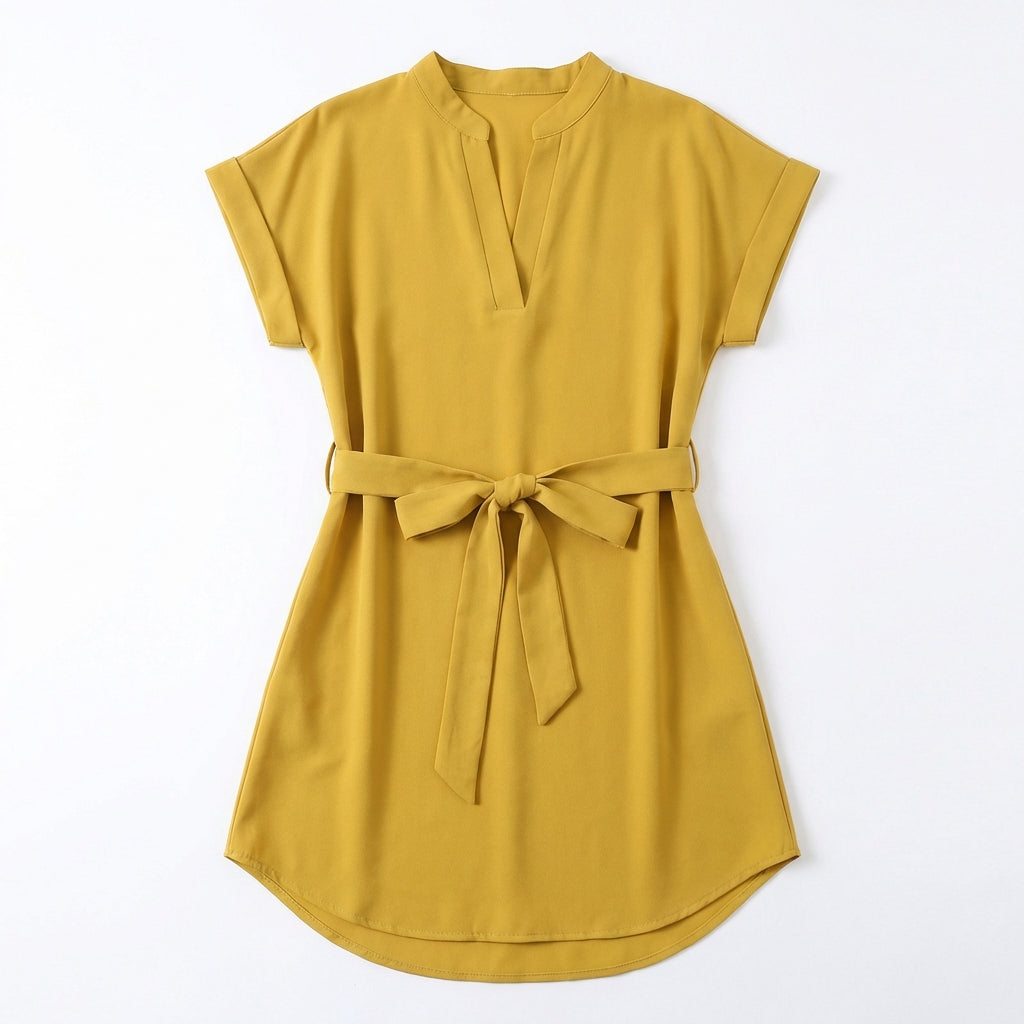 V-Neck Short Sleeve Belted Summer Dress
