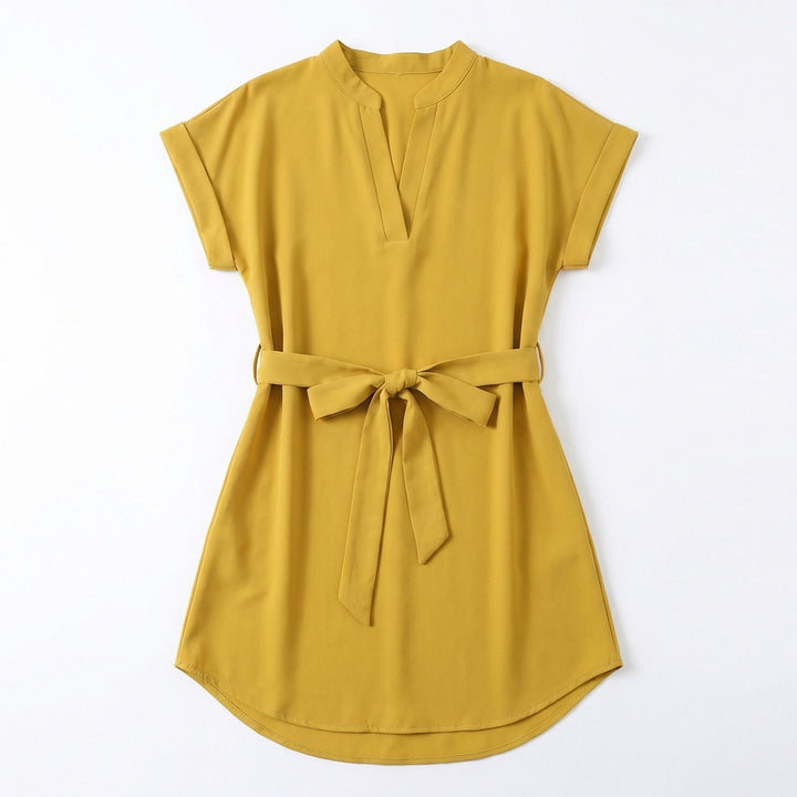 V-Neck Short Sleeve Belted Summer Dress