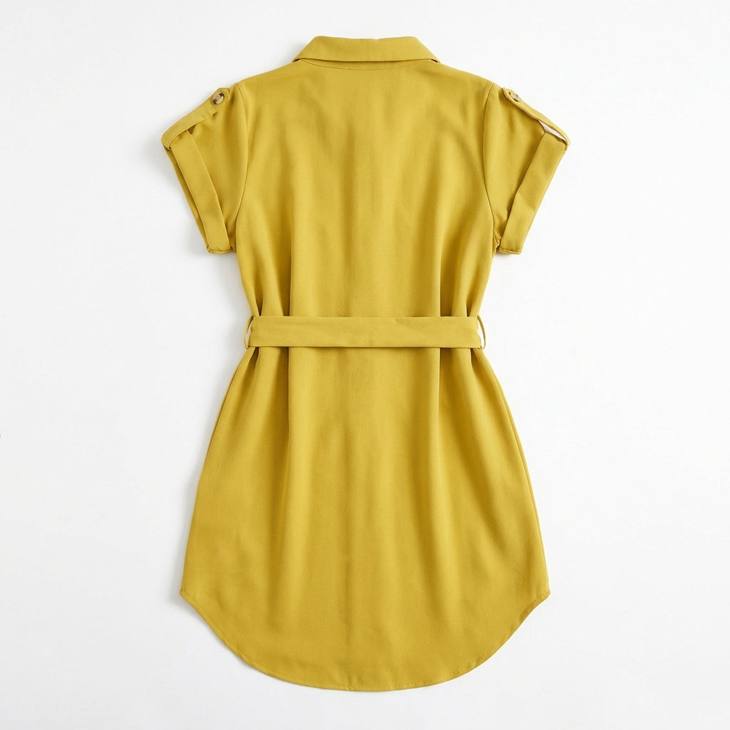 V-Neck Short Sleeve Belted Summer Dress