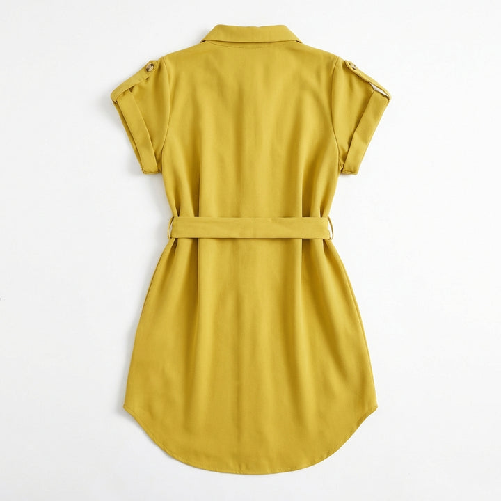 V-Neck Short Sleeve Belted Summer Dress