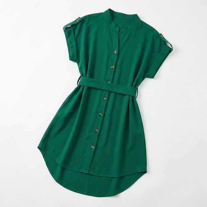 V-Neck Short Sleeve Belted Summer Dress