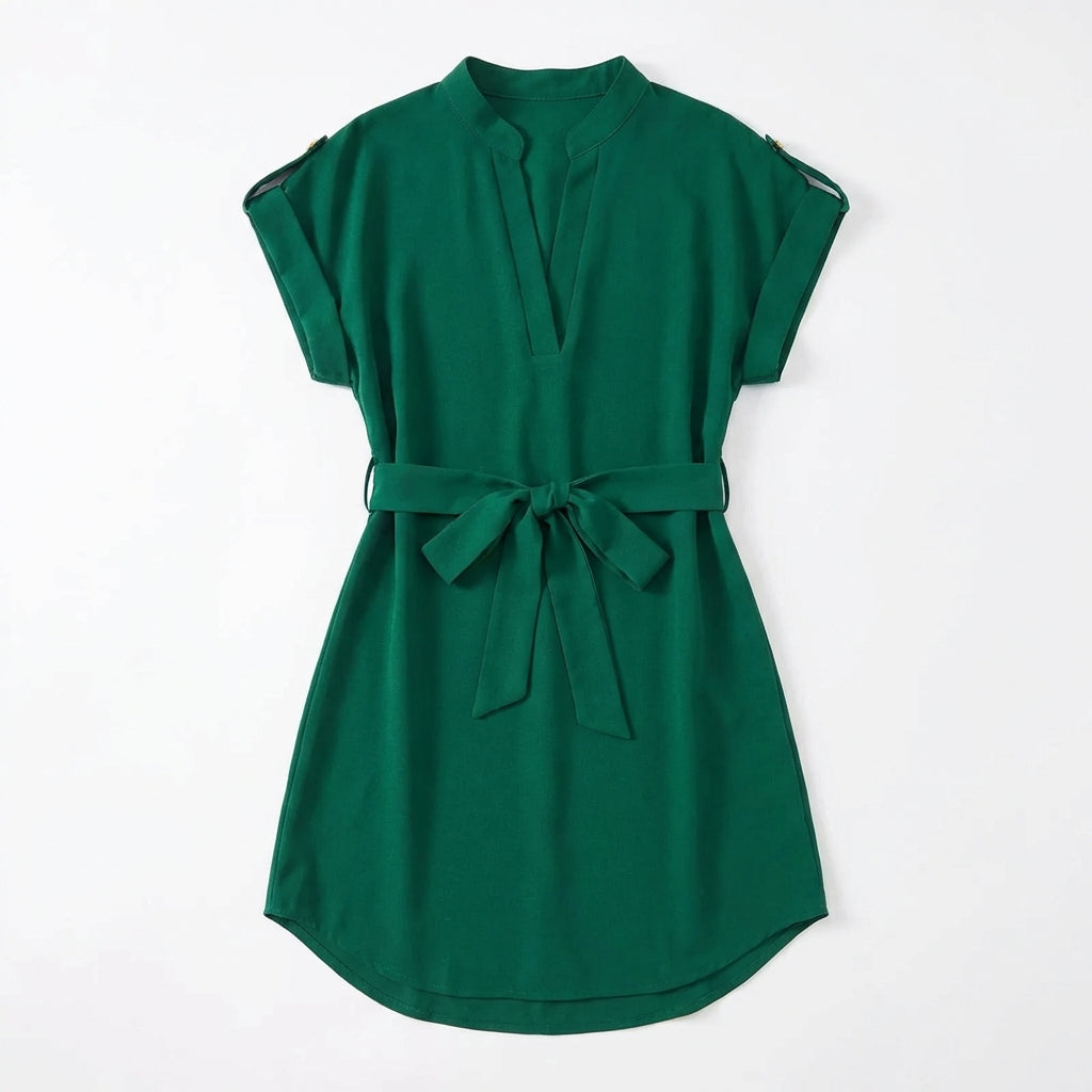 V-Neck Short Sleeve Belted Summer Dress