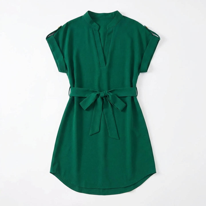 V-Neck Short Sleeve Belted Summer Dress