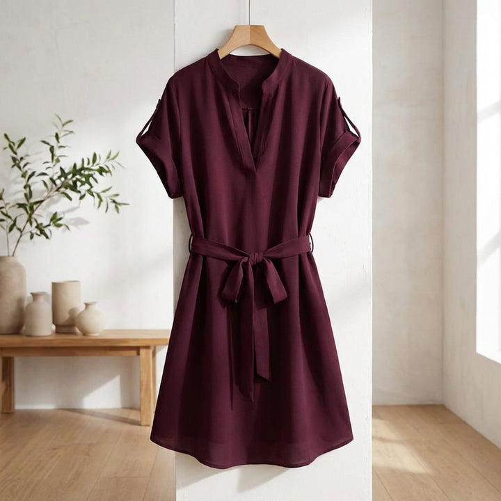 V-Neck Short Sleeve Belted Summer Dress