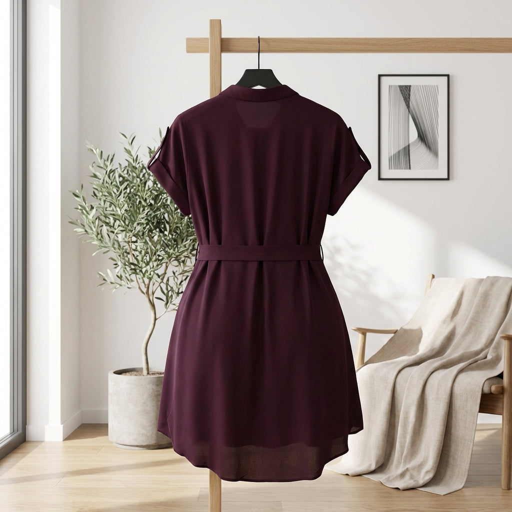V-Neck Short Sleeve Belted Summer Dress