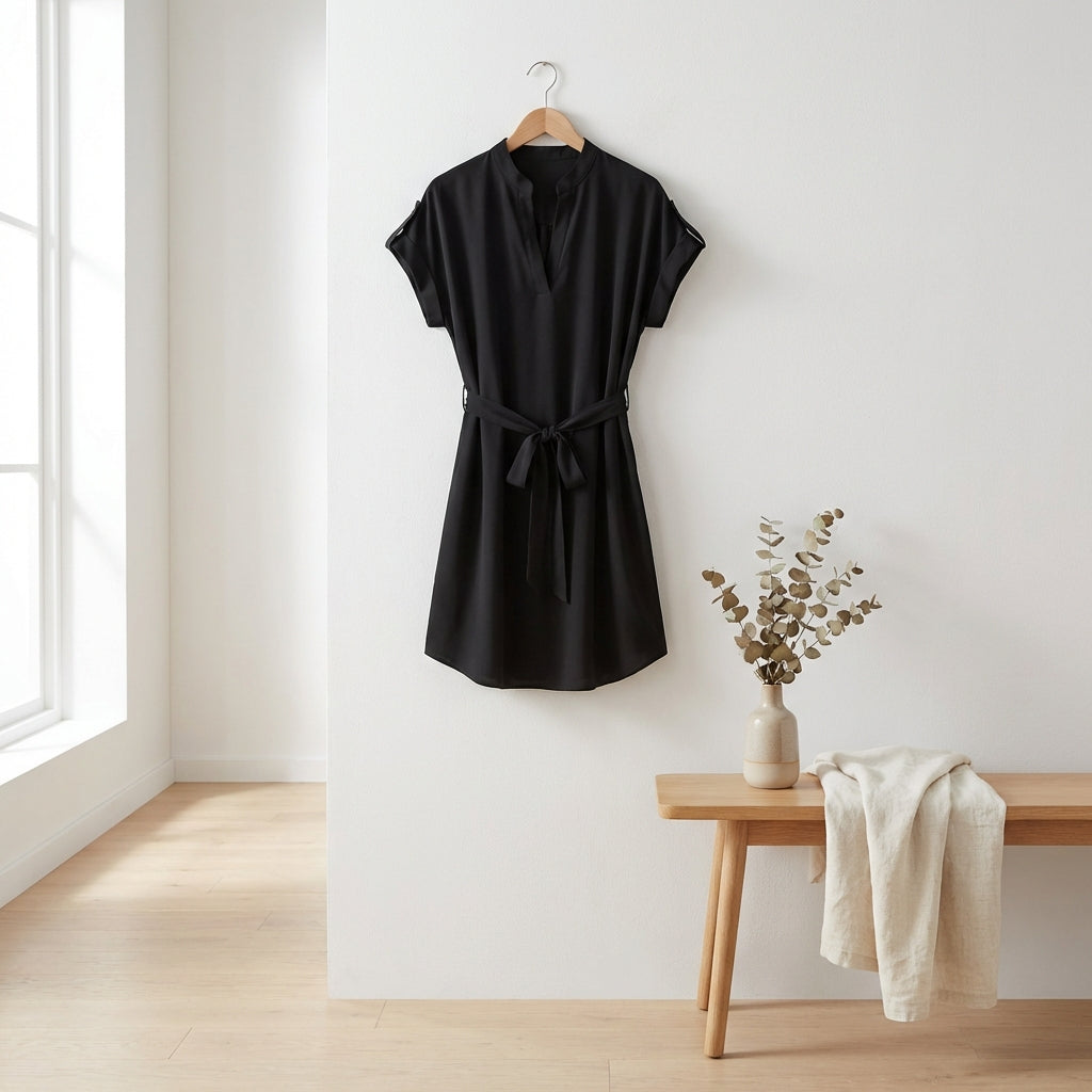 V-Neck Short Sleeve Belted Summer Dress