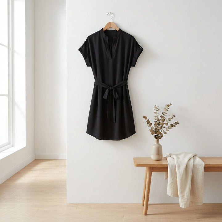 V-Neck Short Sleeve Belted Summer Dress