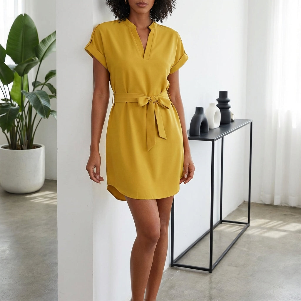 V-Neck Short Sleeve Belted Summer Dress