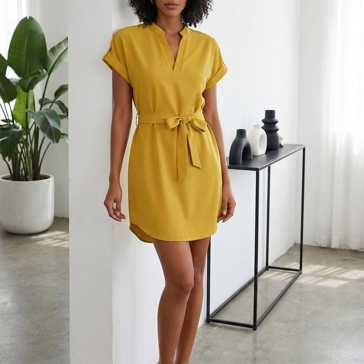 V-Neck Short Sleeve Belted Summer Dress