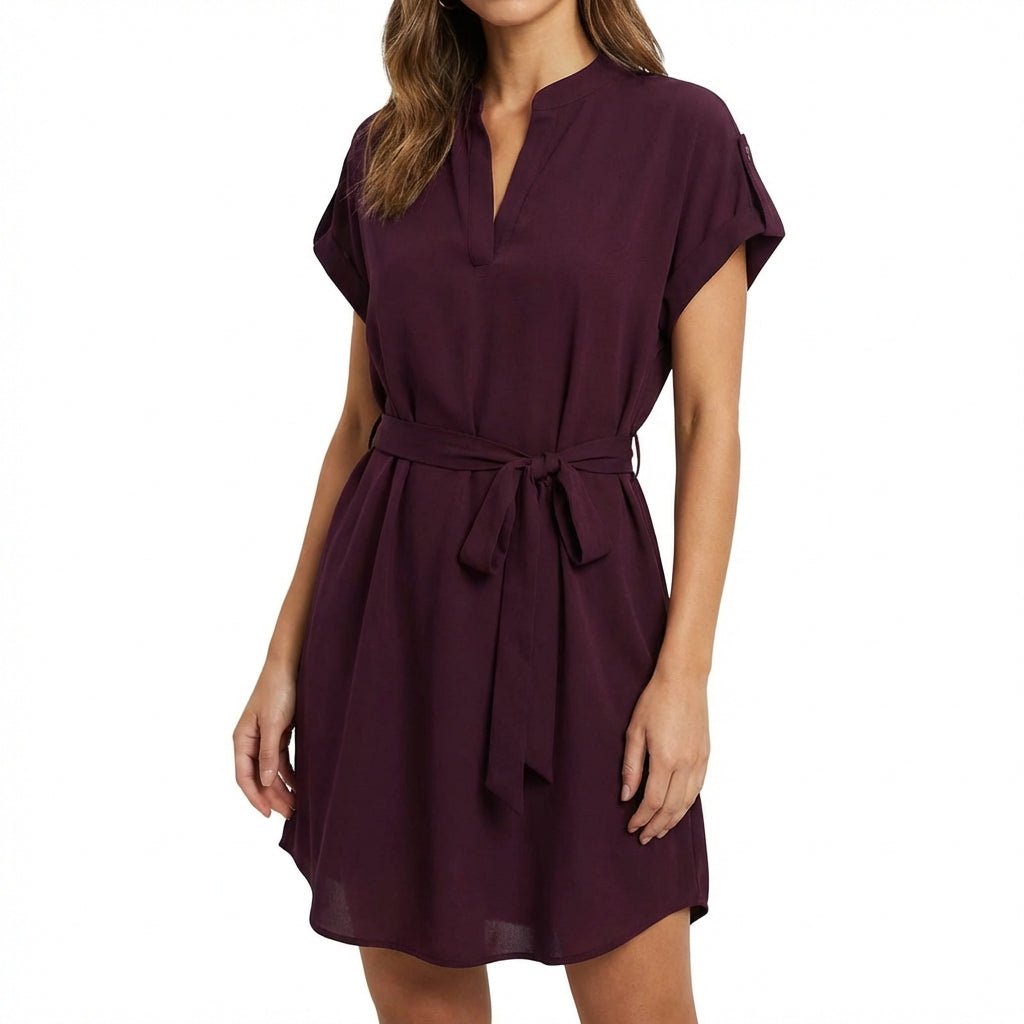 V-Neck Short Sleeve Belted Summer Dress