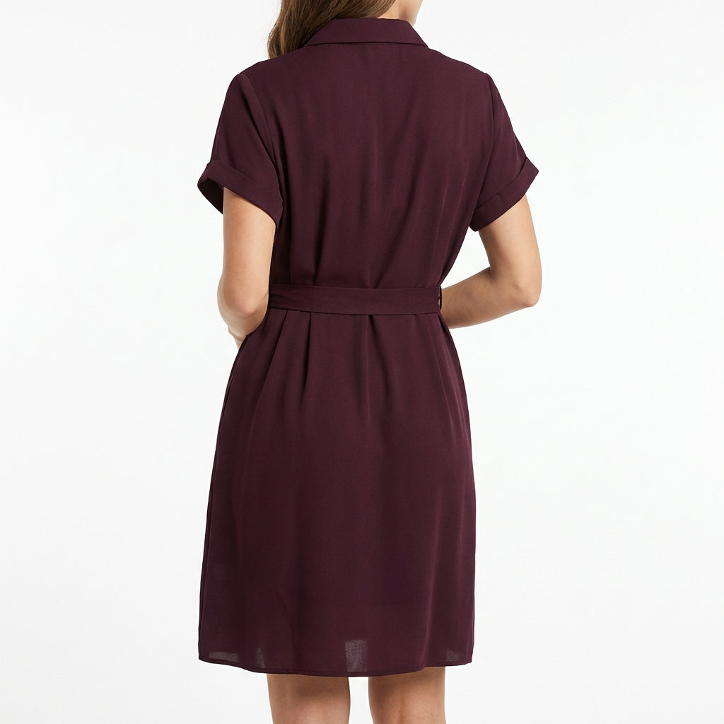 V-Neck Short Sleeve Belted Summer Dress