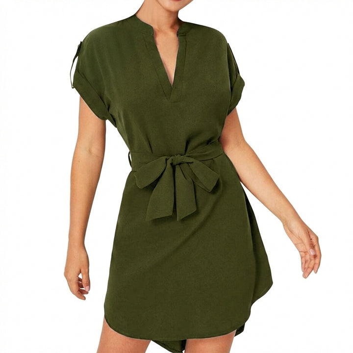 V-Neck Short Sleeve Belted Summer Dress